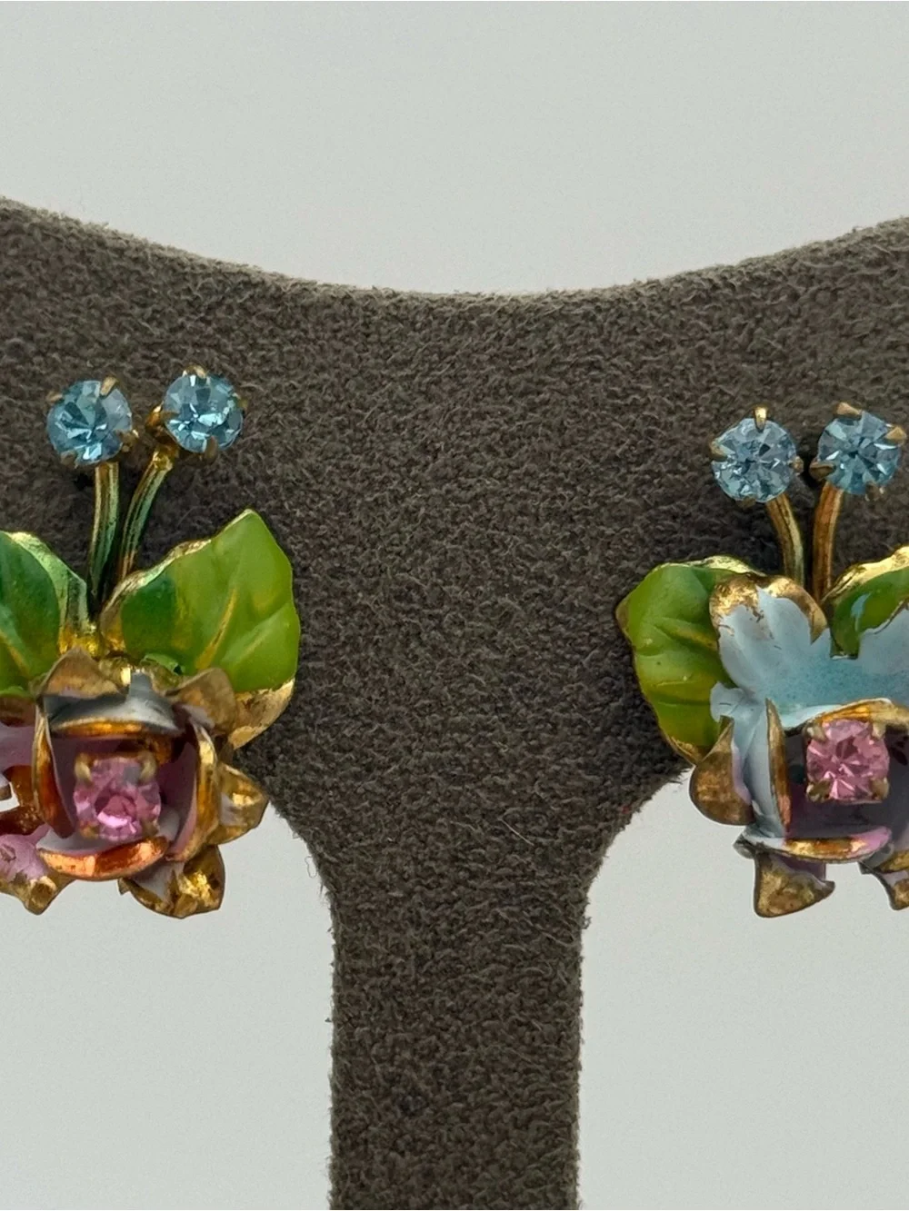 Vintage made in Austria Floral Enamel and Crystal Clip-On Earrings - Pink & Blue